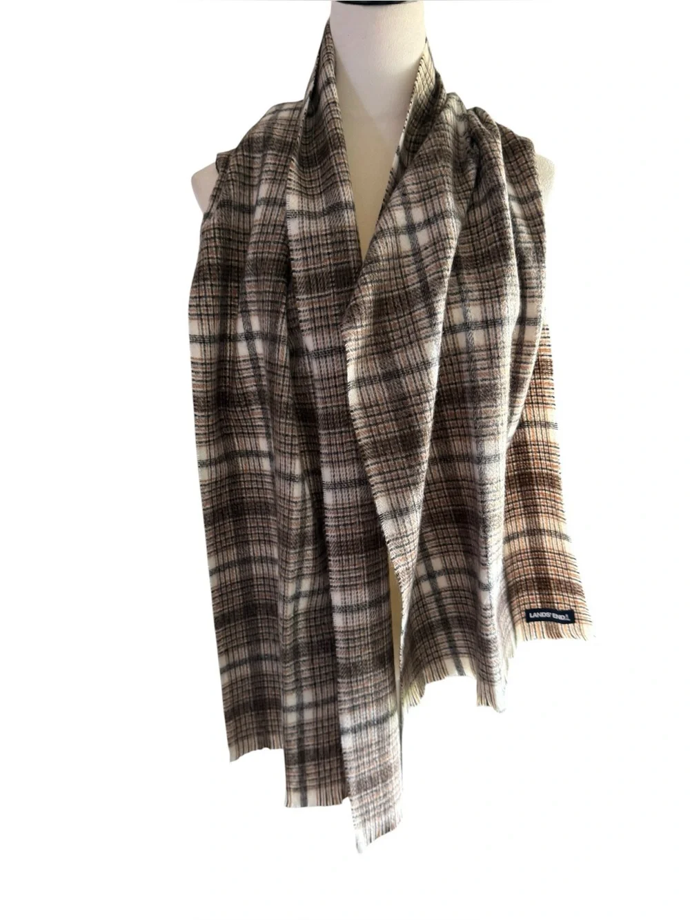 Lands' End Unbelievably Soft Plaid Wrap Scarf in Brown and Cream